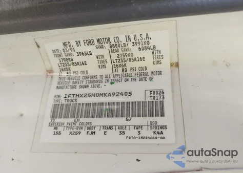 1991 Ford F250 from USA, damaged, VIN 1FTHX25M0MKA92405